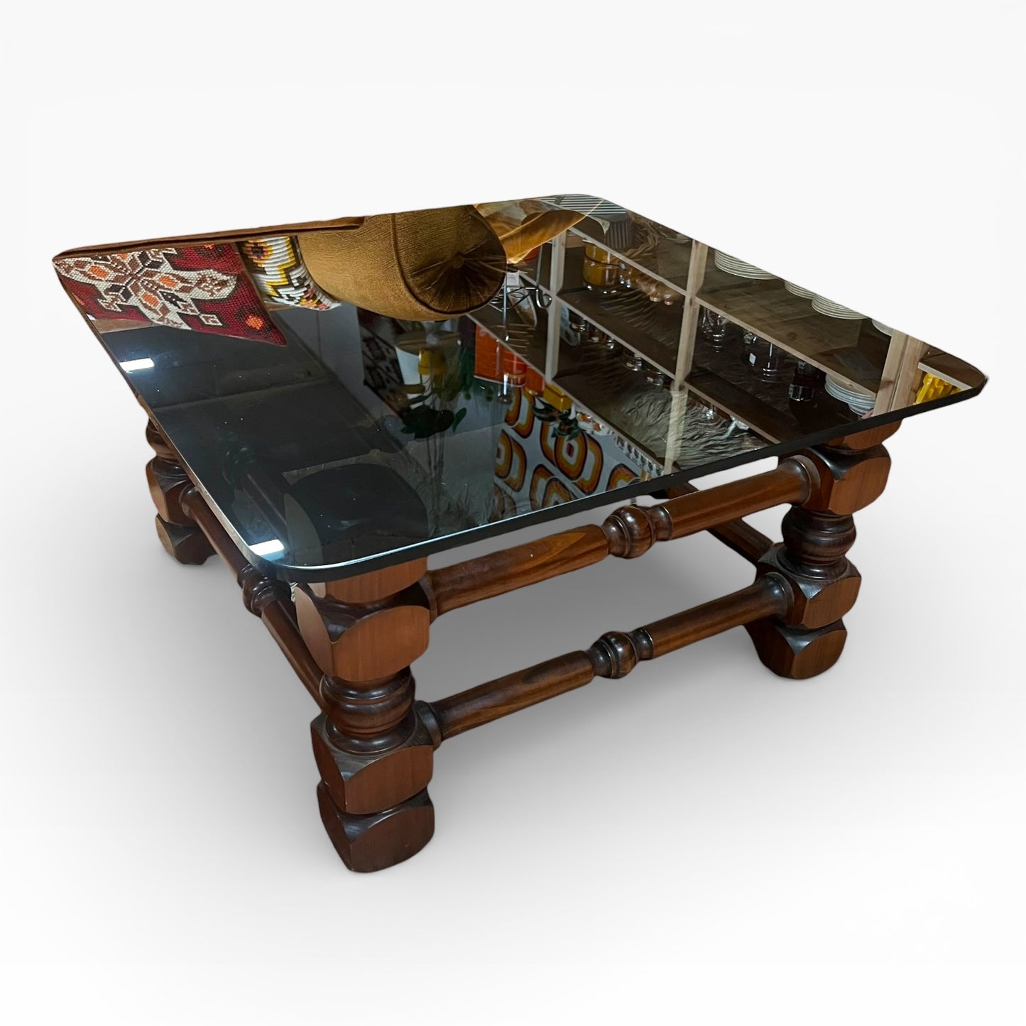 Solid Timber & Smoked Glass Coffee Table – Chunky Sculptural Base