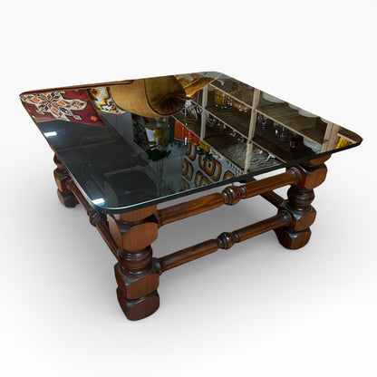 Solid Timber & Smoked Glass Coffee Table – Chunky Sculptural Base