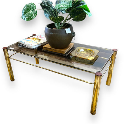 Brass tubular coffee table rectangle with Smokey glass top