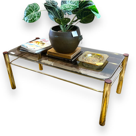 Brass tubular coffee table rectangle with Smokey glass top