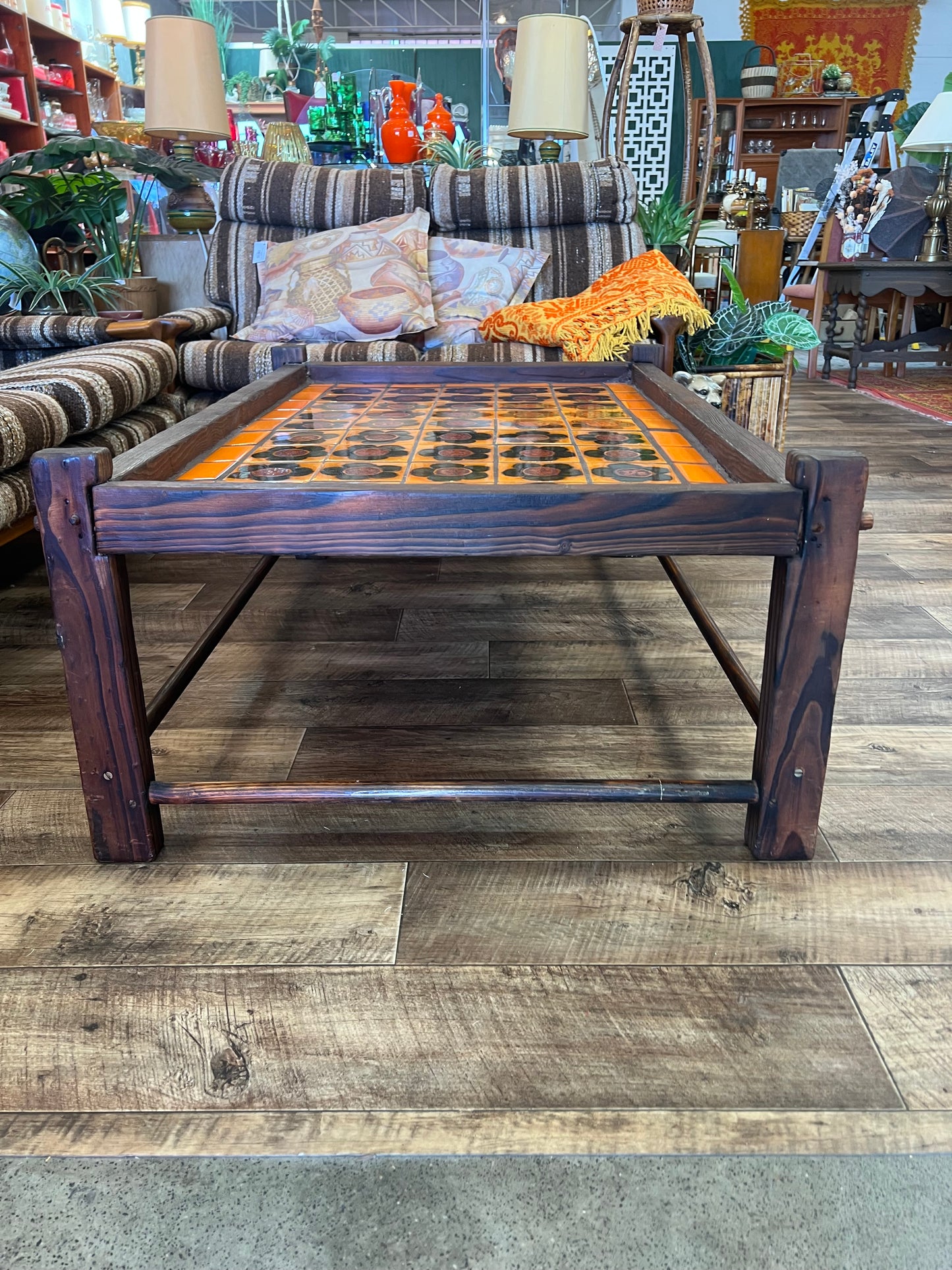 Retro Tile-Top Coffee Table – Orange & Brown Floral Ceramic Tiles