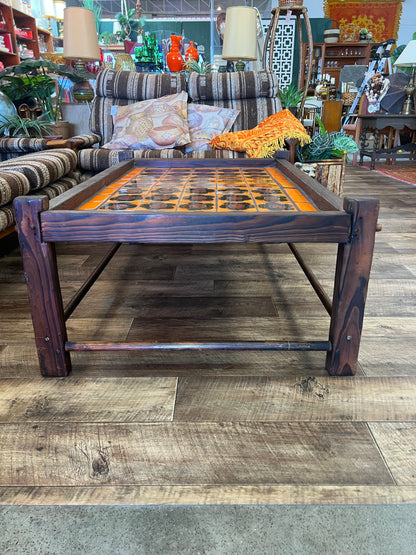 Retro Tile-Top Coffee Table – Orange & Brown Floral Ceramic Tiles