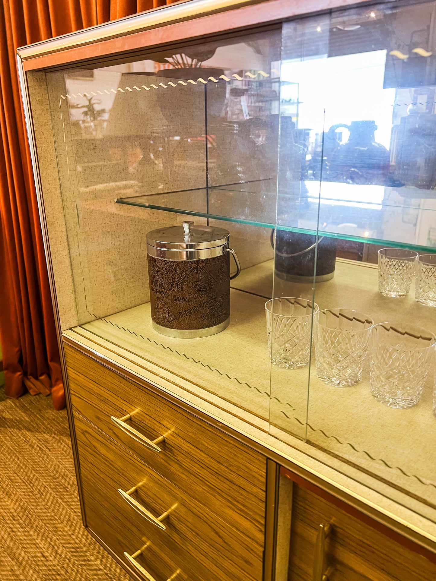 Cocktail Sideboard Cabinet with Glass Display and pull down bar section