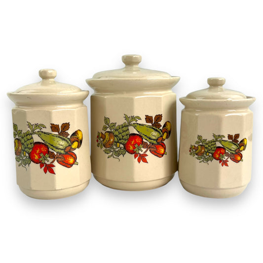 Beige Ceramic Canister set of 3 with colourful vegetable decals.