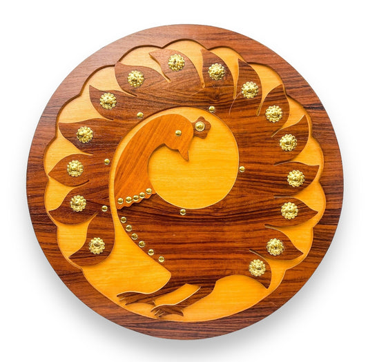 Wooden peacock cutout hanging circle artwork with gold Details.