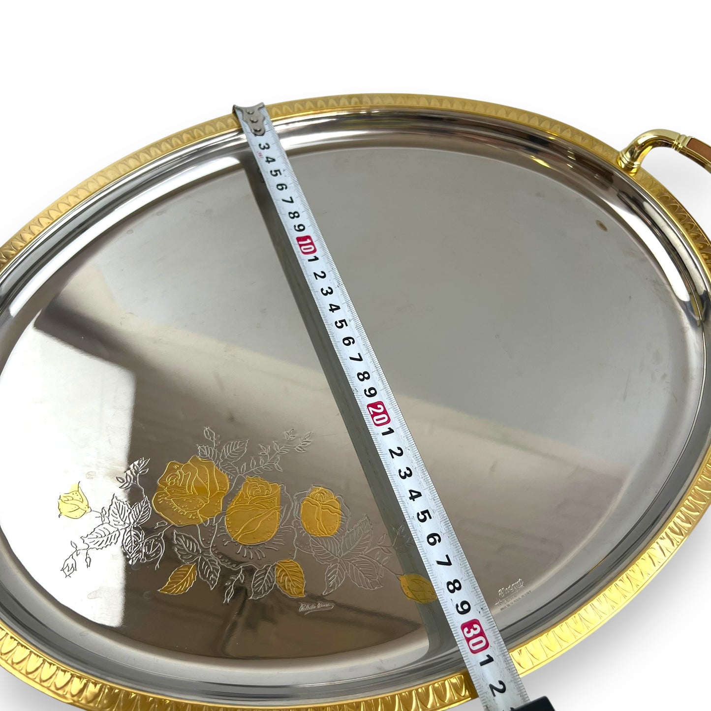 Chrome with gold trim large serving platter with rose design