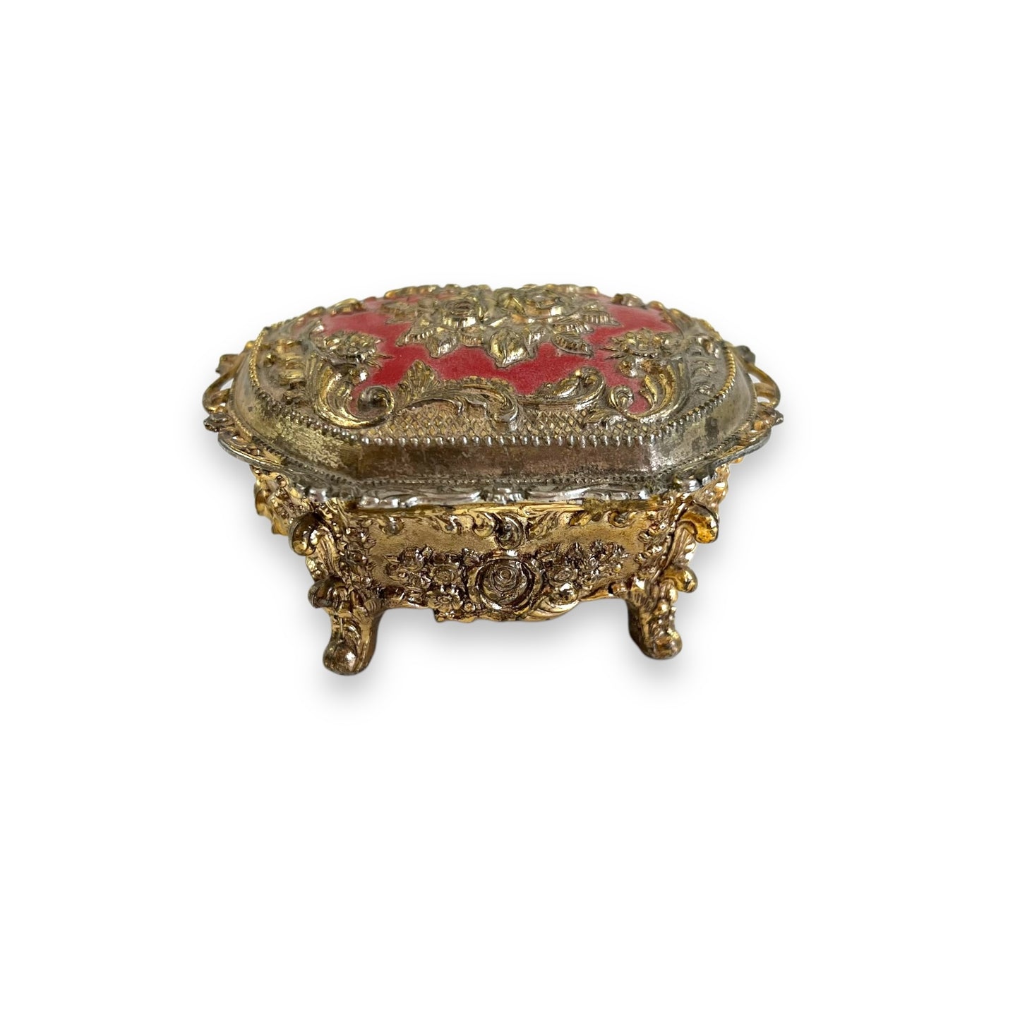 Ornate Jewelry Box – Made in Japan – Gold Tone Metal with Red Velvet Lining