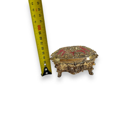 Ornate Jewelry Box – Made in Japan – Gold Tone Metal with Red Velvet Lining