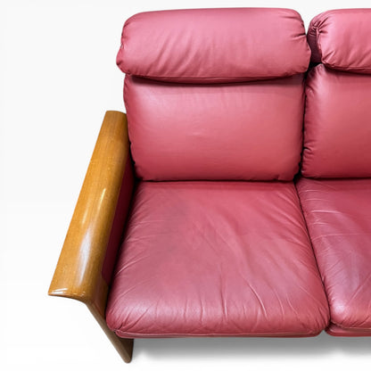 Two Seater Lounge with Sculpted Curved Timber Armrests & Burgundy Leather Cushions