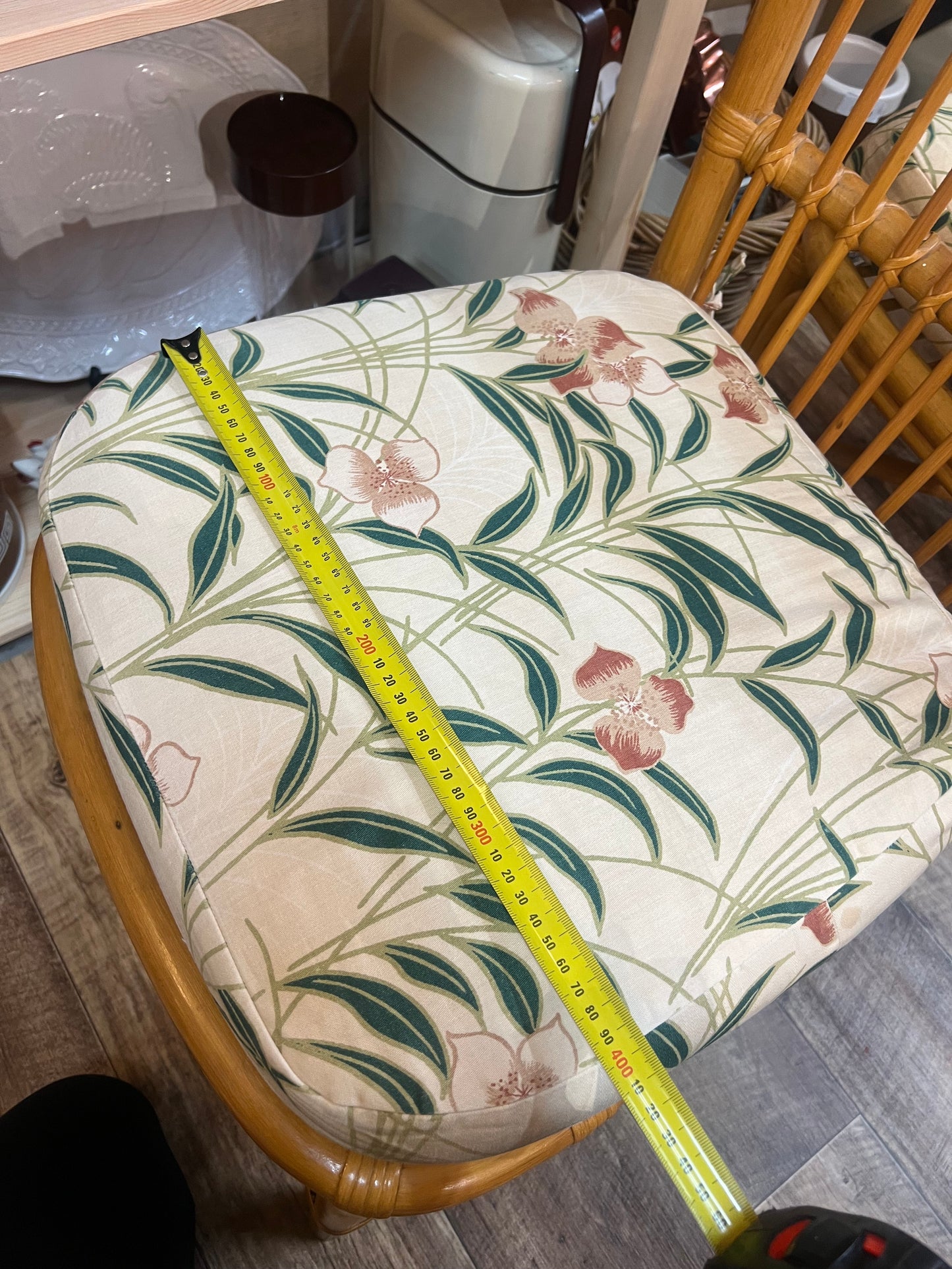 Set of 6 Vintage Bamboo & Rattan Dining Chairs with Floral Cushions