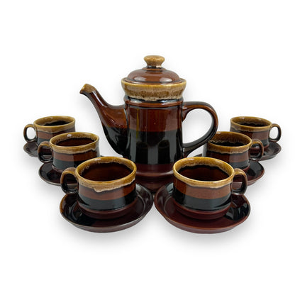 Brown Ceramic Tea Set: Teapot, 6 cups & 6 saucers
