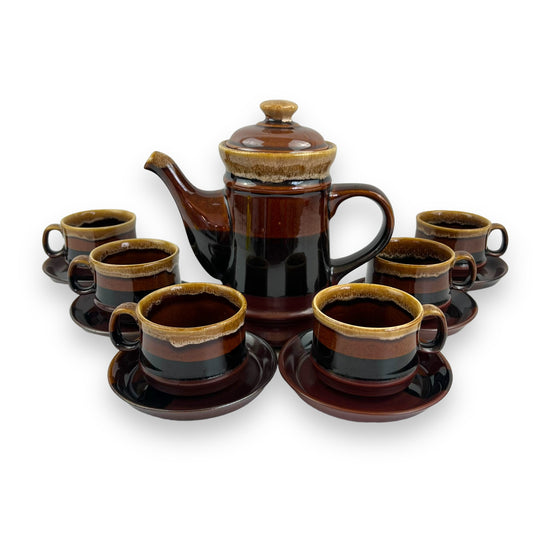 Brown Ceramic Tea Set: Teapot, 6 cups & 6 saucers