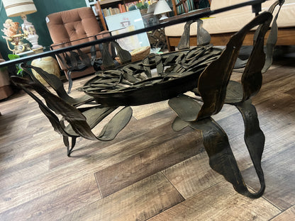 Large Brutalist Sculptural Metal & Smoked Glass Coffee Table  1.22m diameter
