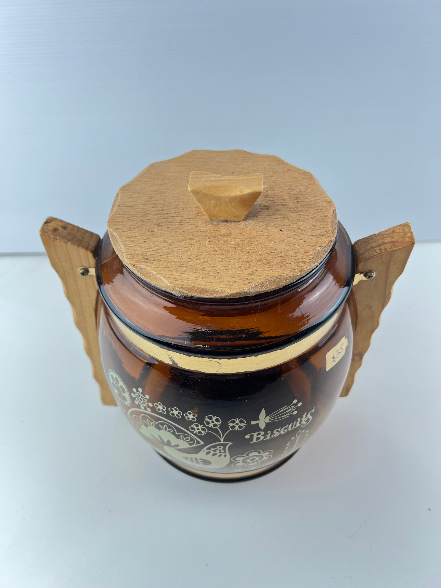 Amber Glass Biscuit Barrel with Timber Handles