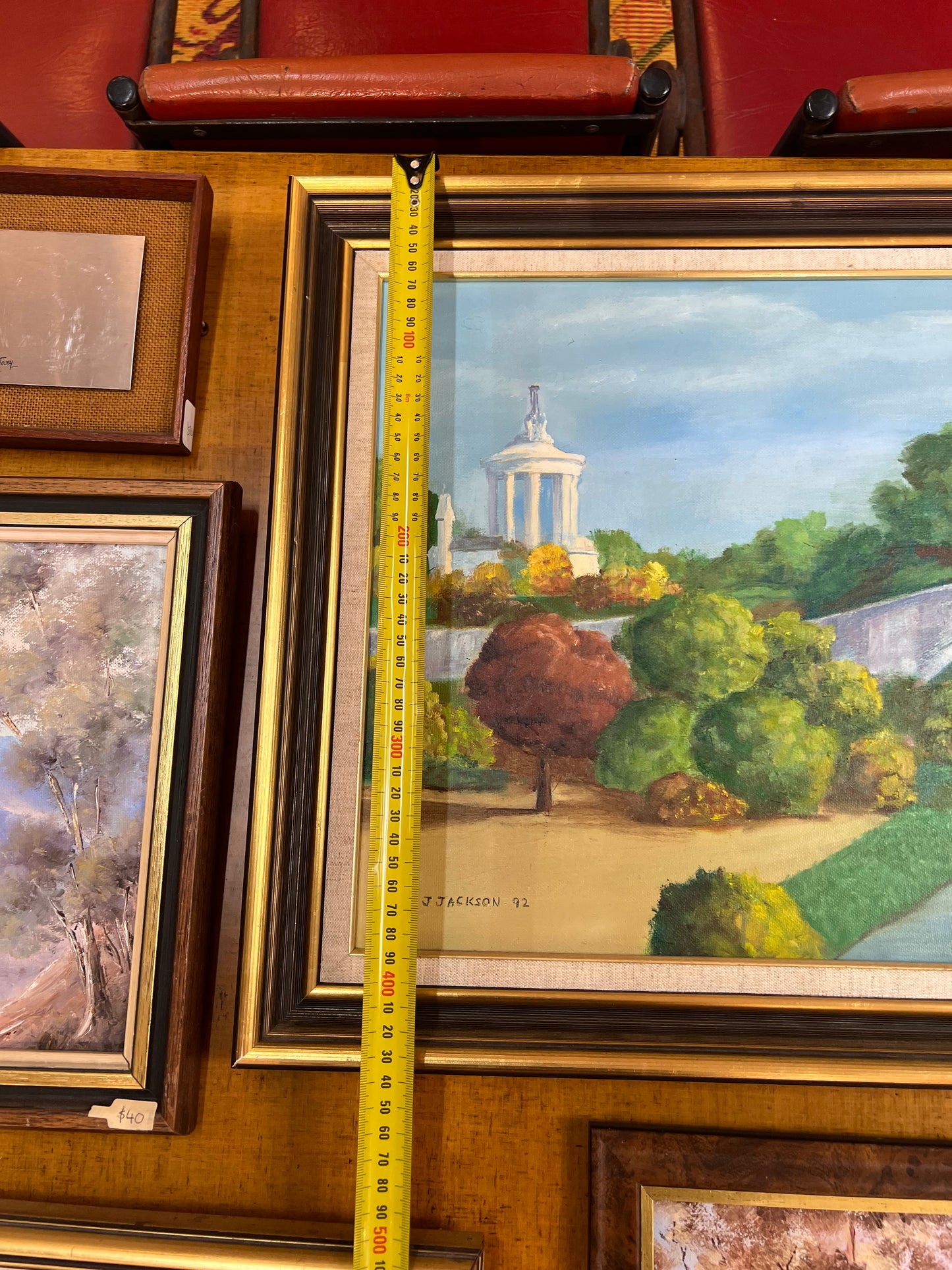 Landscape Oil Painting – J. Jackson 1992, Garden Bridge Scene with Classical Pavilion, Framed Wall Art