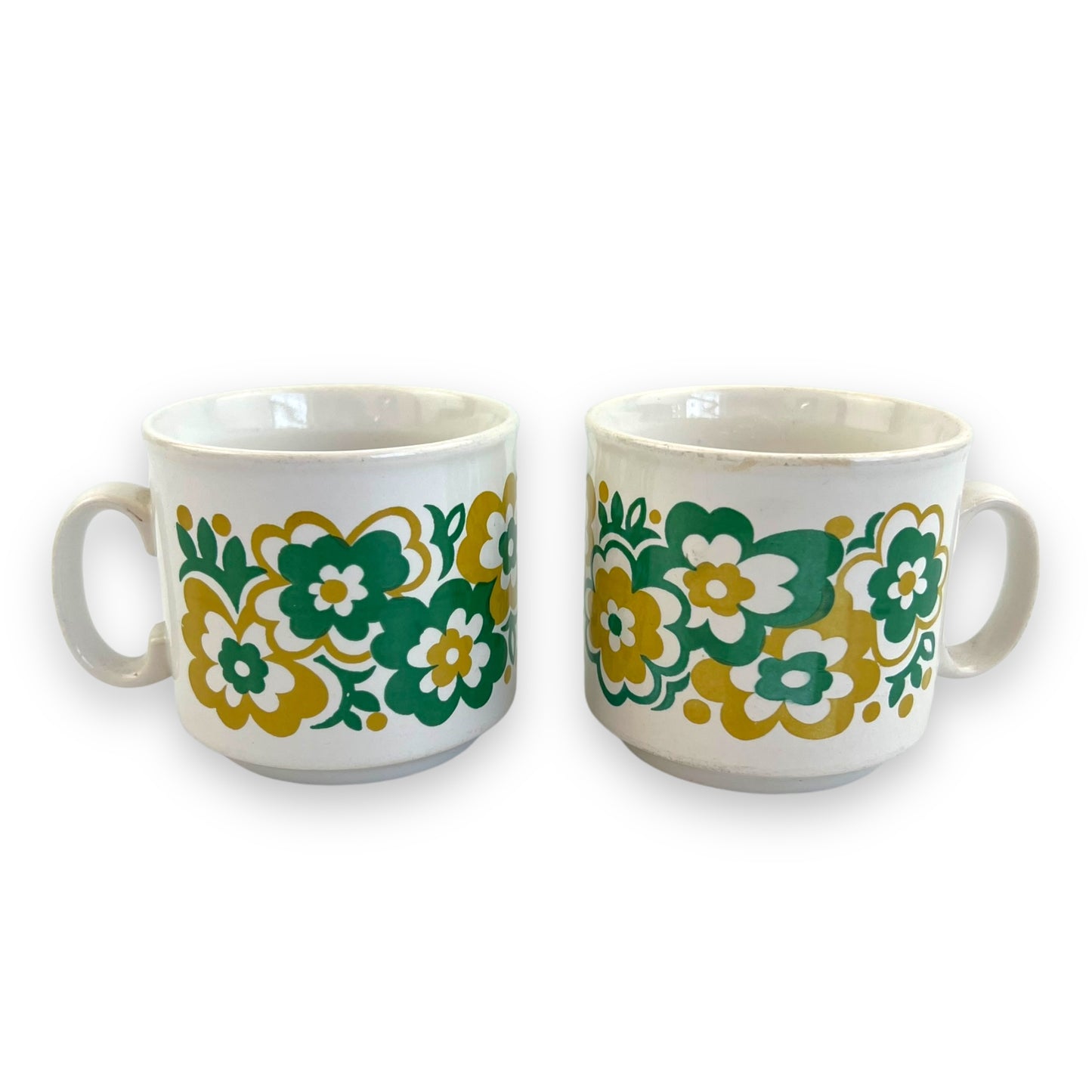 Staffordshire Potteries Mustard and Green Flower Teacup set of 2