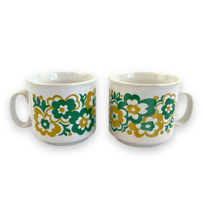 Staffordshire Potteries Mustard and Green Flower Teacup set of 2