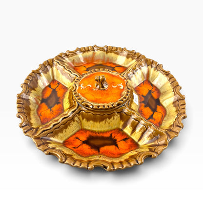 Ceramic Divided Serving Platter with Lidded Centre Bowl – Orange & Brown