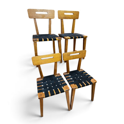 Set of 4 Vintage Timber Dining Chairs with Black Woven Strap Seats