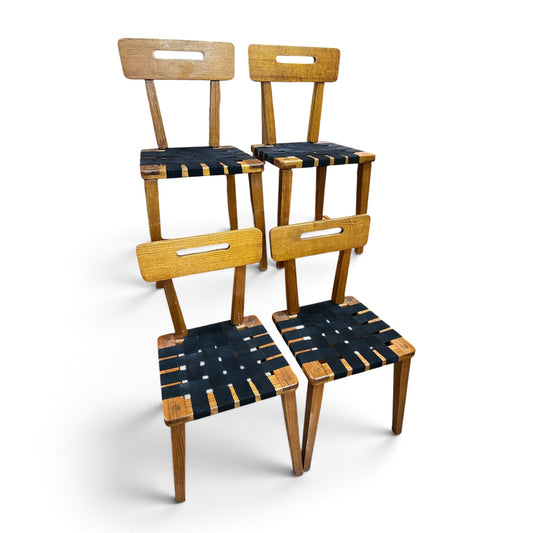 Set of 4 Vintage Timber Dining Chairs with Black Woven Strap Seats