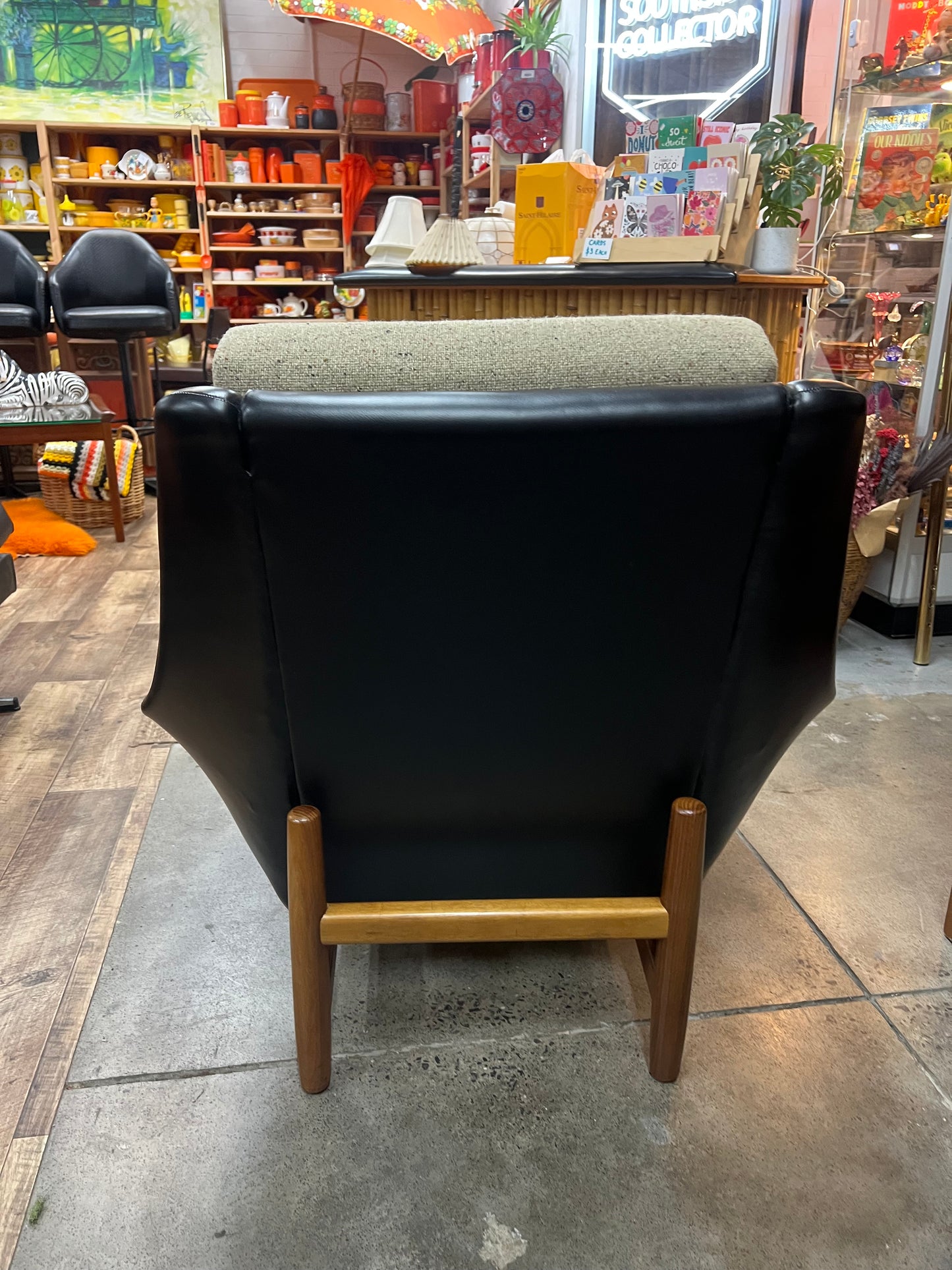 #1 Danish Deluxe Armchair – Black Vinyl & Cream Upholstery