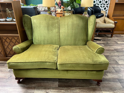 Vintage Olive Green Velvet Wingback Two Seater Lounge