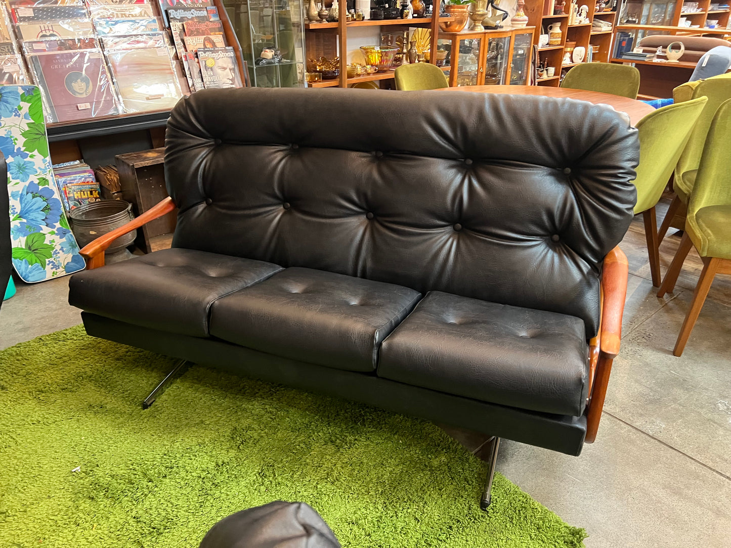 Black Vinyl 3-Seater Lounge with Timber Arms