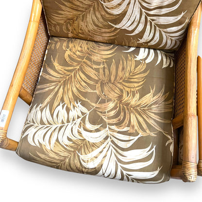 Cane Lounge Chair with brown palm print cushions