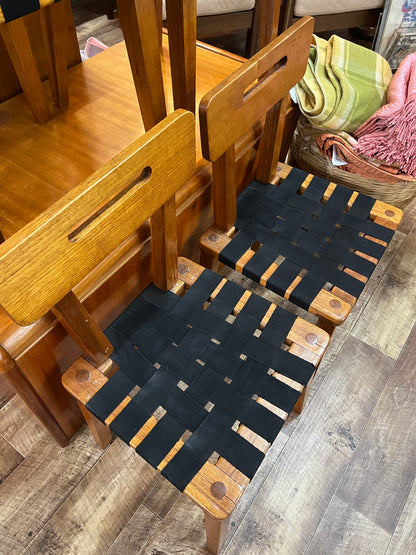Set of 4 Vintage Timber Dining Chairs with Black Woven Strap Seats
