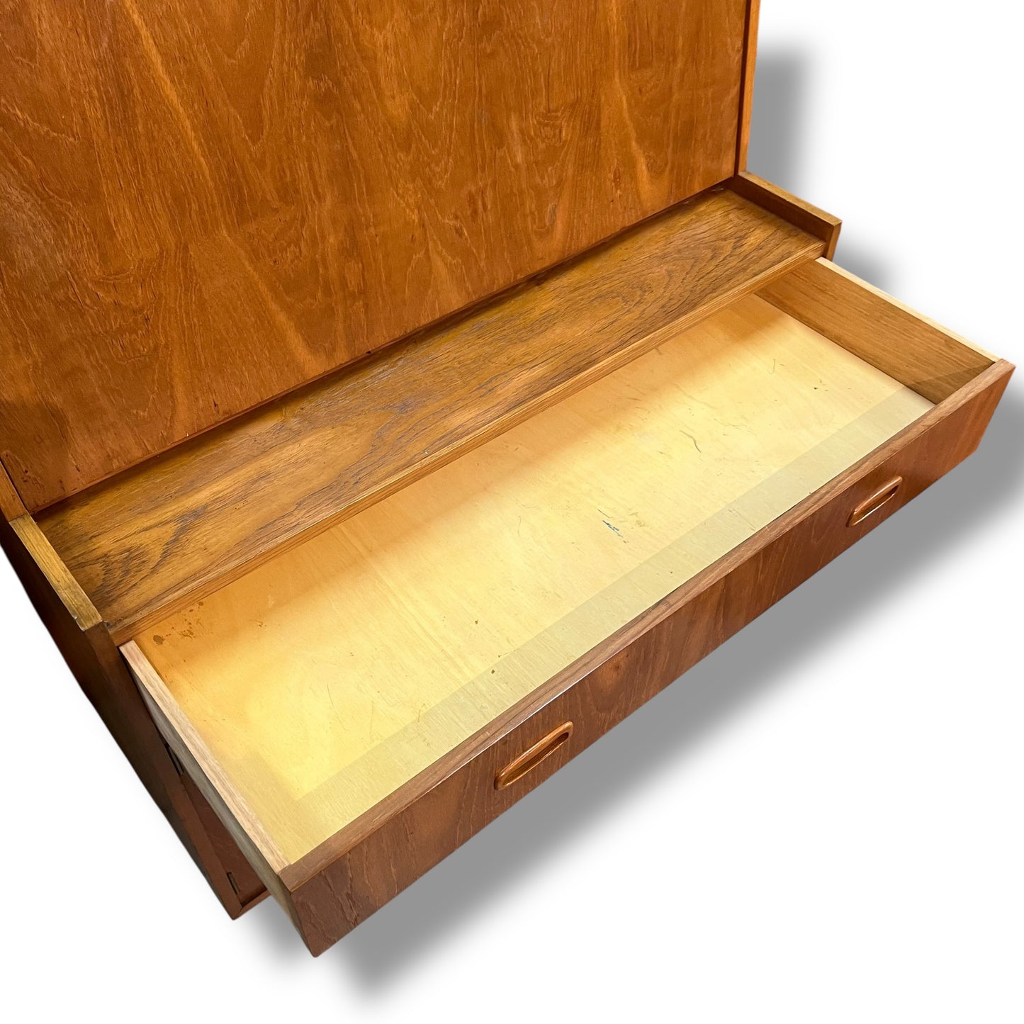 Mid-Century Teak Veneer Bureau Writing Desk & Bar Cabinet by Noblett Furniture