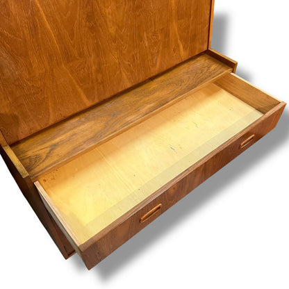 Mid-Century Teak Veneer Bureau Writing Desk & Bar Cabinet by Noblett Furniture