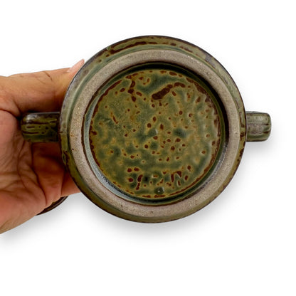 Pottery Leaf Dark Green Sugar Bowl with Lid - Made in Japan