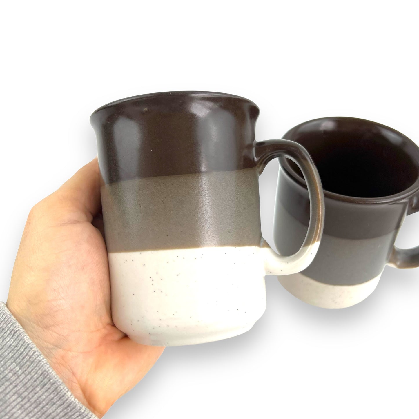 Brown, grey & white strip mug set of 2