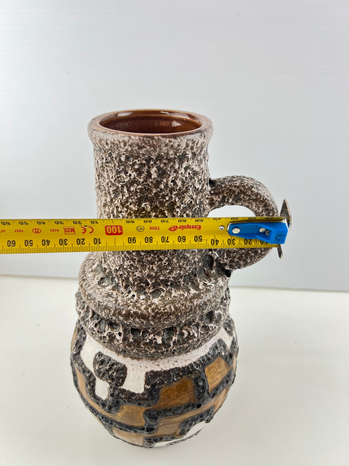 West German Pottery Lava Glaze Handled Vase – Brown, White & Ochre