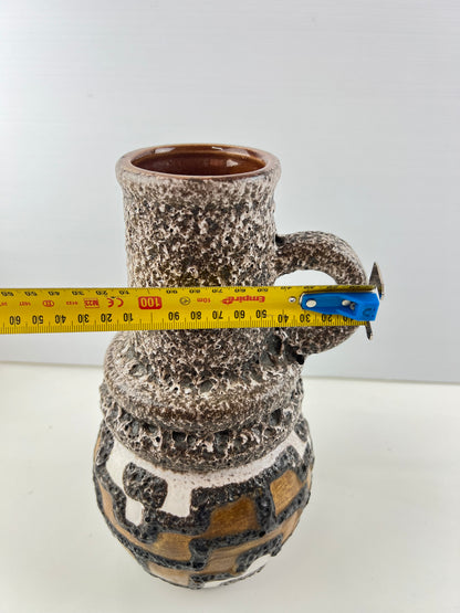 West German Pottery Lava Glaze Handled Vase – Brown, White & Ochre