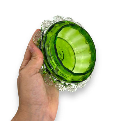 Green glass bowl dish with clear frill edge