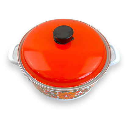 Floral Enamelware Cookpot – White & Orange Retro flower pattern with orange Lid