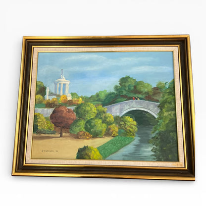 Landscape Oil Painting – J. Jackson 1992, Garden Bridge Scene with Classical Pavilion, Framed Wall Art