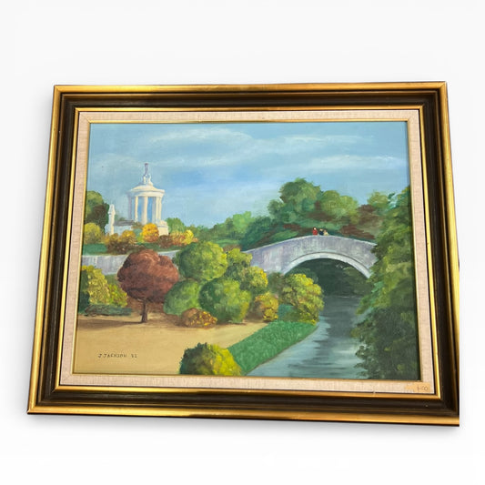 Landscape Oil Painting – J. Jackson 1992, Garden Bridge Scene with Classical Pavilion, Framed Wall Art