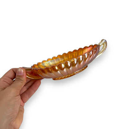 Carnival Glass, twin-handled oval dish in the "Marigold" color