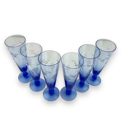 Blue grape etched cocktail flute glass set of 6
