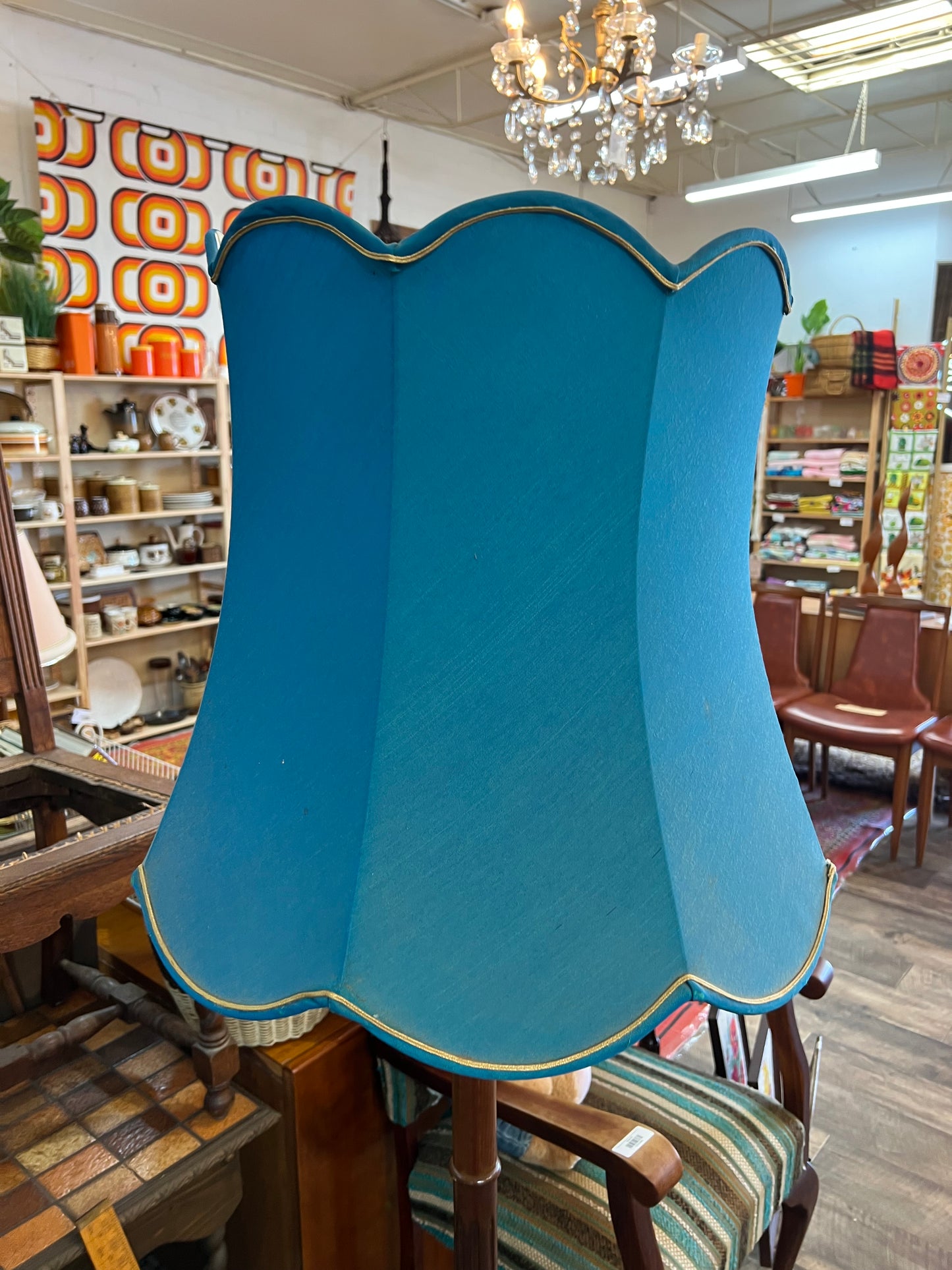 Timber Floor Lamp with Blue Scalloped Shade