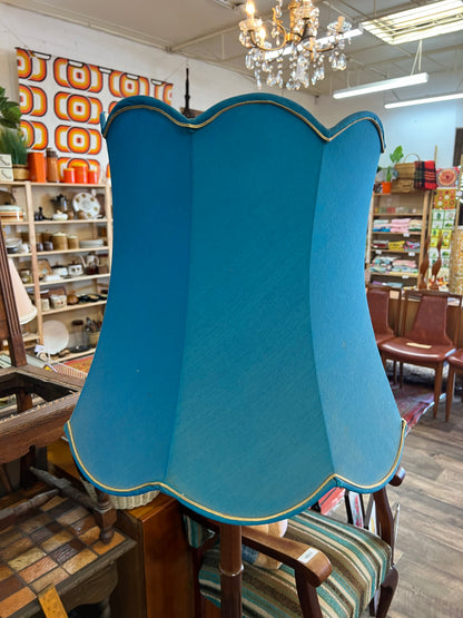 Timber Floor Lamp with Blue Scalloped Shade