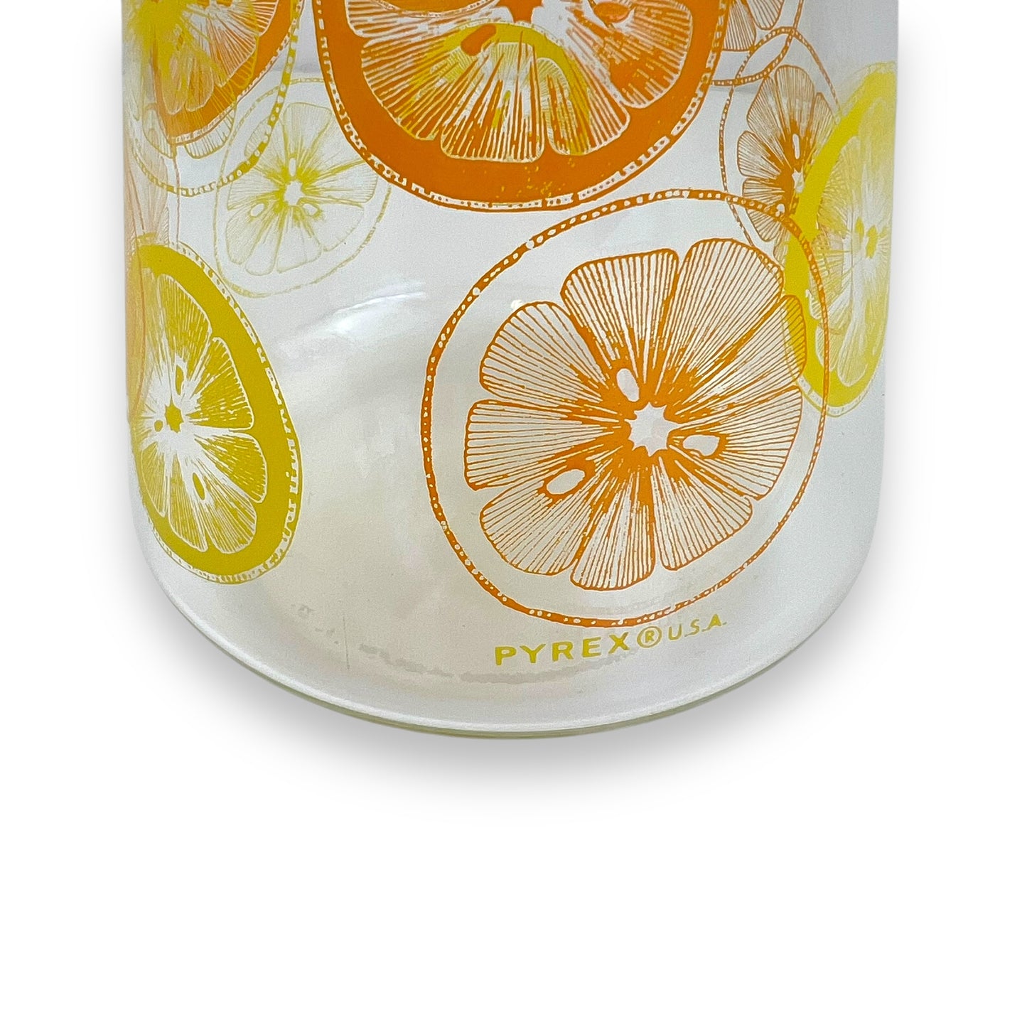 Pyrex Glass Carafe – USA Made, Citrus Slice Print, Mid-Century Pitcher with Lid