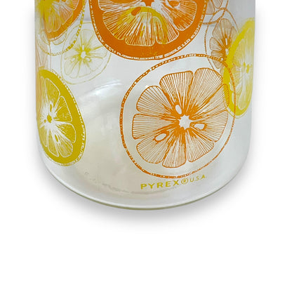 Pyrex Glass Carafe – USA Made, Citrus Slice Print, Mid-Century Pitcher with Lid