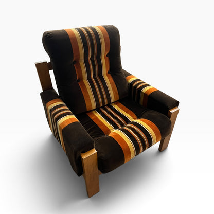 #2 Danish Deluxe Armchair – Original Brown, Orange & Gold Striped Upholstery
