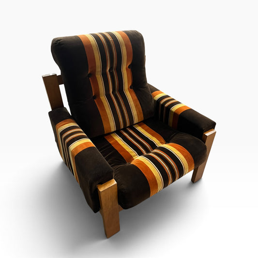 #2 Danish Deluxe Armchair – Original Brown, Orange & Gold Striped Upholstery