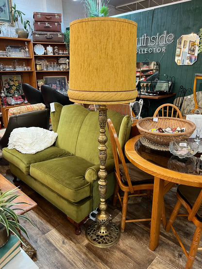 Ornate Brass Floor Lamp with Original Mustard Shade