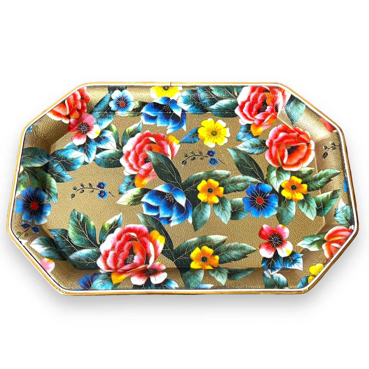 Floral Gold-Toned Metal Serving Tray - Vibrant Flower Pattern, Octagonal Shape