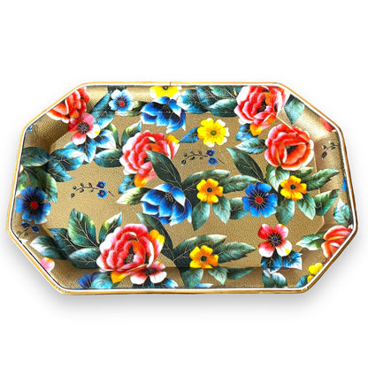 Floral Gold-Toned Metal Serving Tray - Vibrant Flower Pattern, Octagonal Shape